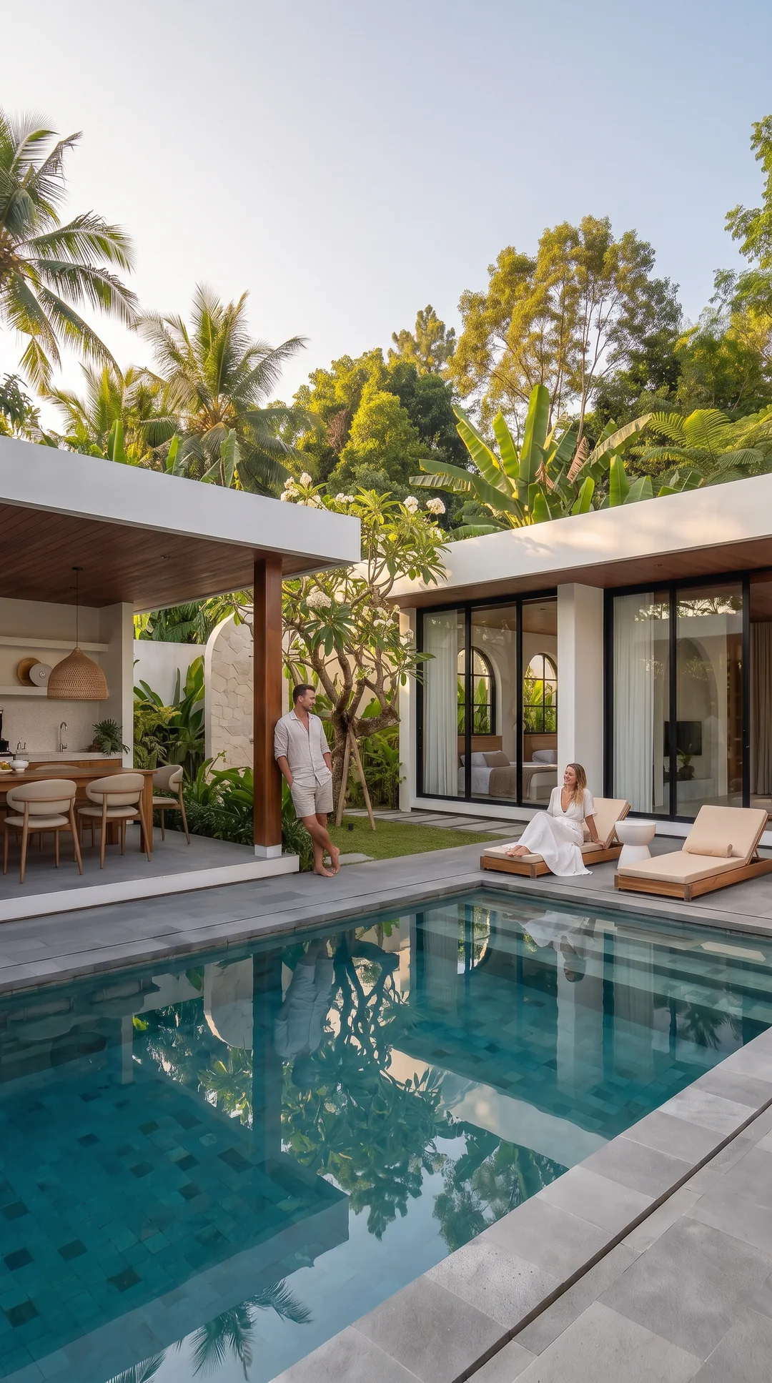 A couple relaxing by the private pool at a Tana villa, Panglao, Bohol
