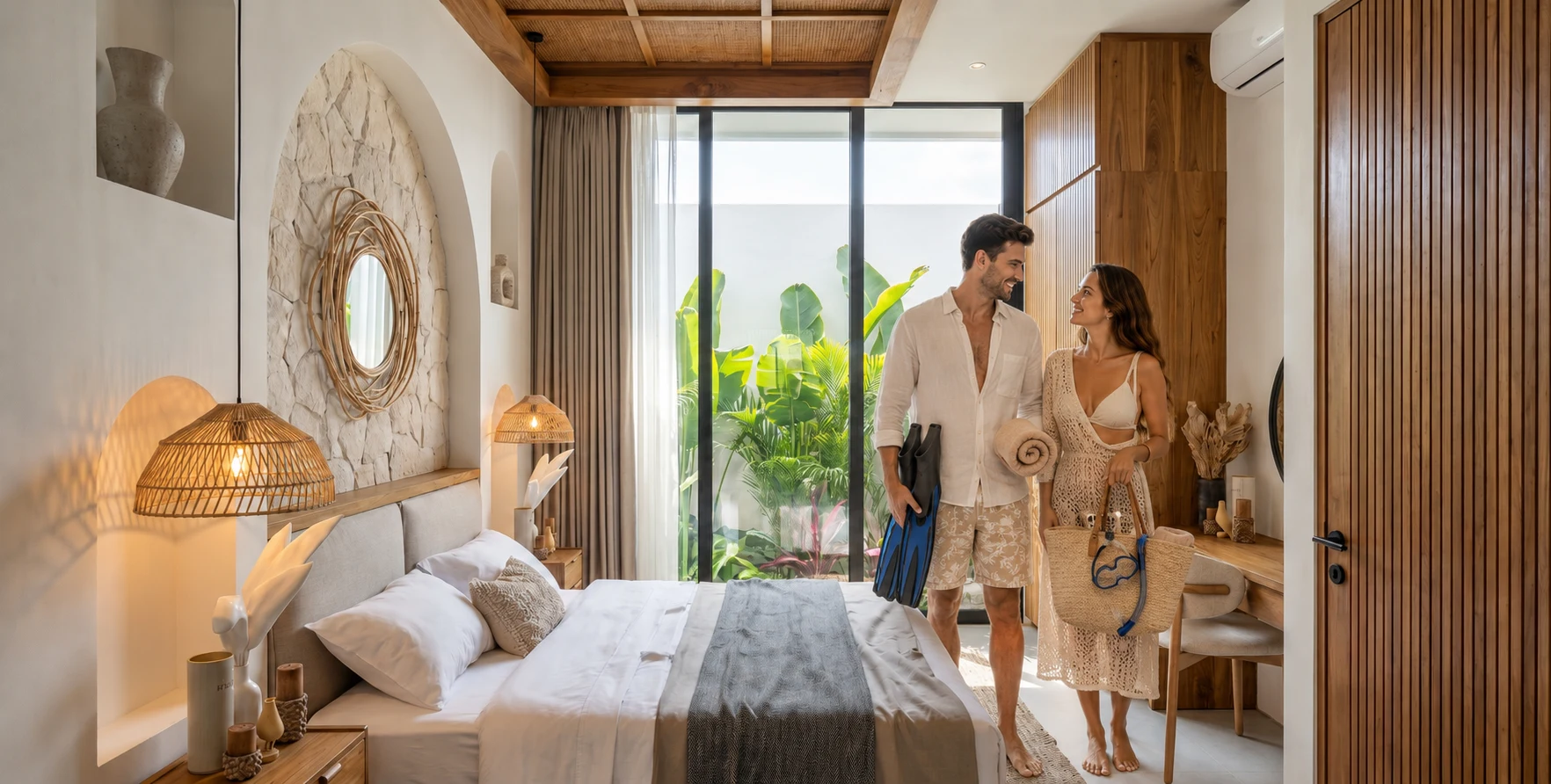 A couple in a Tana two-bedroom villa, ready for the beach
