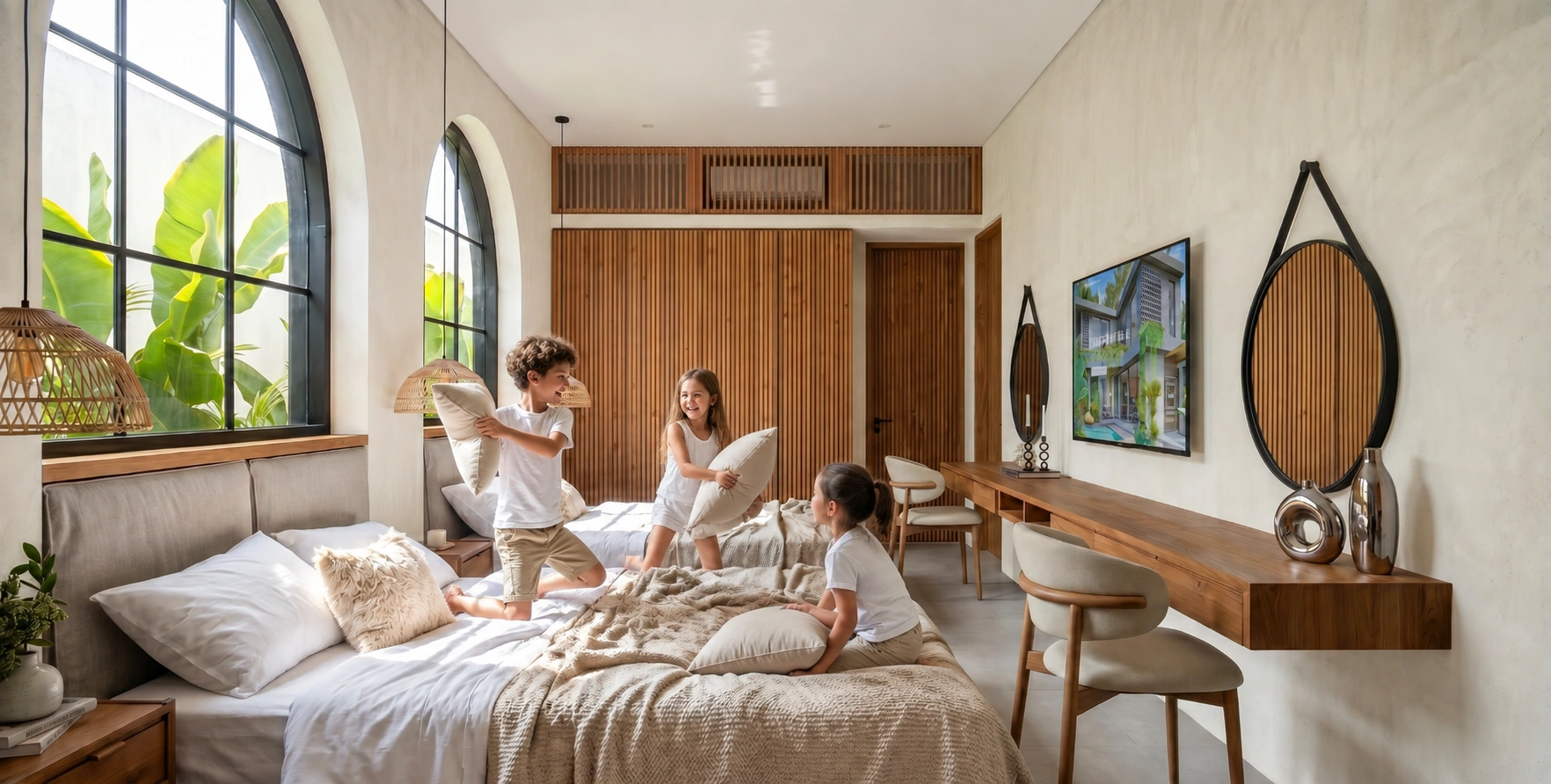 Children playing in a bright Tana villa bedroom